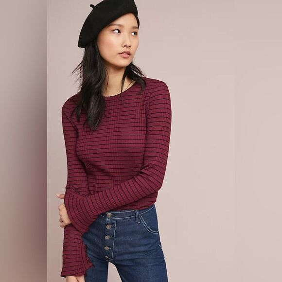 Anthropologie Michael Stars Red and Black Striped Long Sleeve Top Sleeve Detail - Picture 1 of 8
